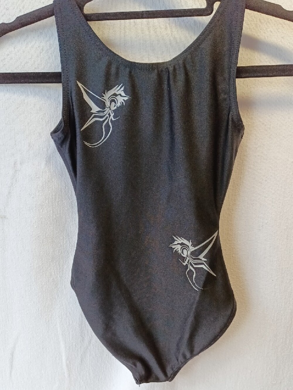 Upcycled Girls Black One-Piece Swim Suit with Subtle Silver Pixie Graphics
